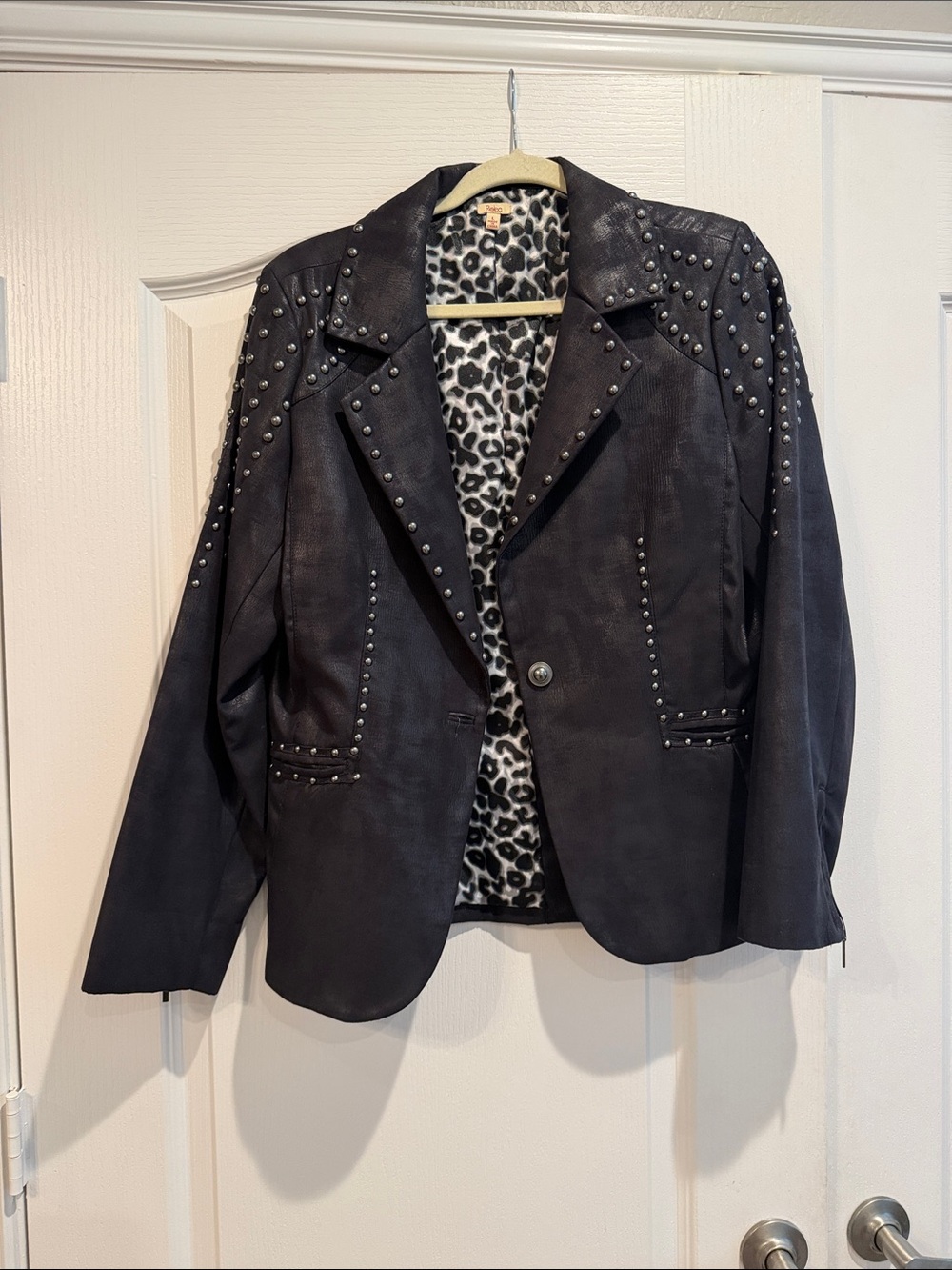 Studded Black Women's Jacket with Leopard Print Lining